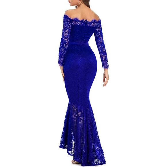Women's Blue Floral Lace Long Sleeve Off Shoulder Wedding Mermaid Dress - Picture 2 of 6